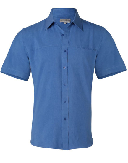 A men's short sleeve shirt in a shade of blue, featuring a button-down front and a patch pocket. It has a logo.