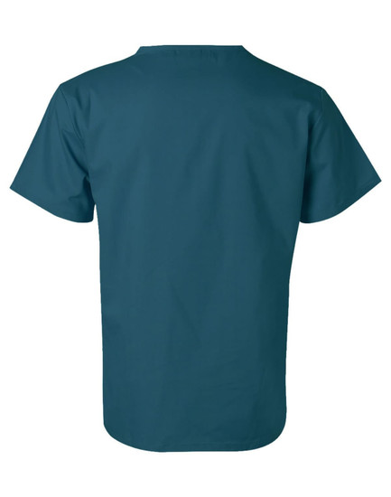 A teal unisex scrub short sleeve tunic top, featuring a simple design and a back view. Has a logo on the fabric.