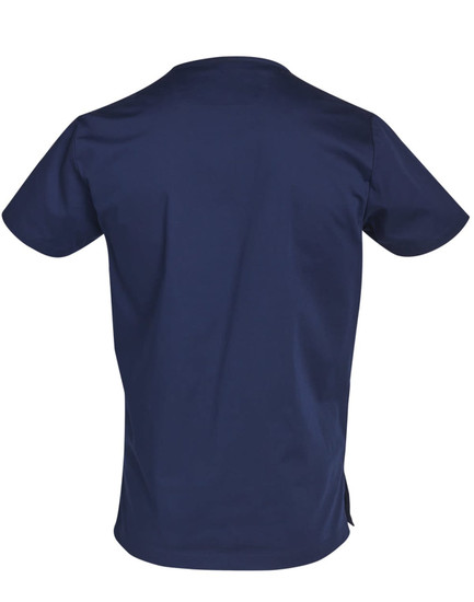 A navy blue men's scrub top featuring a simple design and contrasting colour elements on the side.
