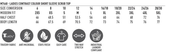 A short sleeve scrub top in various colours with a logo, featuring a modern fit and anti-microbial fabric.