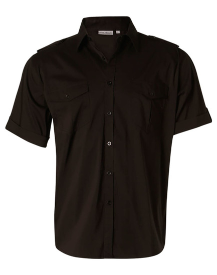A men's short sleeve military shirt in black with two front pockets and a button-up design. It features a logo.