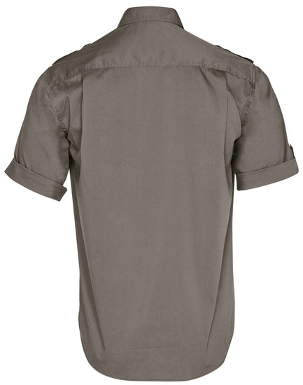 A men's short sleeve military shirt in a plain olive green colour, featuring rolled sleeves and a branding logo.