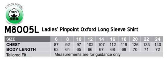A table displaying sizes and measurements for a women's pinpoint oxford long sleeve shirt in various dimensions.