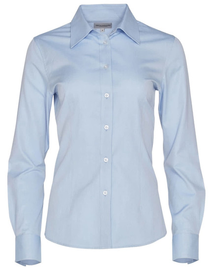 A light blue women's long-sleeve button-up shirt with a collar and button front, featuring branding.