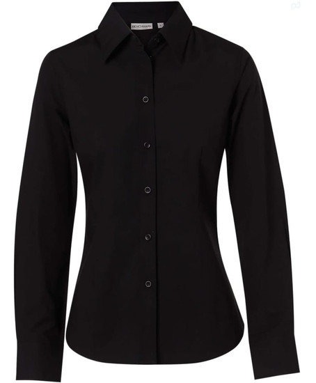 A black women's long-sleeve button-up shirt made from cotton and poly stretch fabric, featuring a sleek design and a logo.