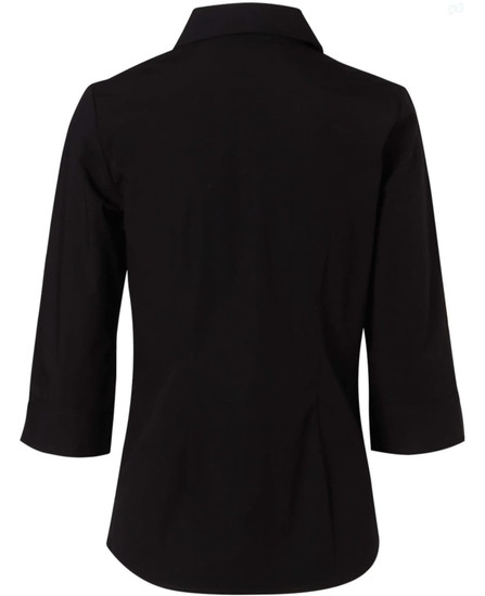 A black women's cotton/poly stretch shirt with 3/4 sleeves and a collar, featuring a smooth back design.