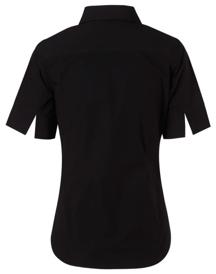 A black women's short-sleeved button-up shirt with a standard collar and a logo.