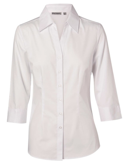 A white women's cotton/poly stretch 3/4 sleeve button-up shirt with a collar and a logo.
