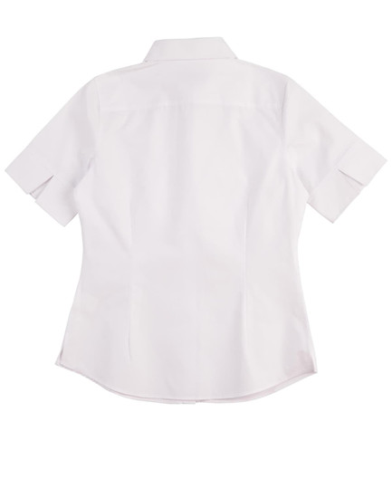 A short-sleeved women's oxford shirt in white, featuring a classic button-up design and a logo.