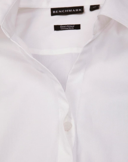A white long-sleeved button-up shirt with a dobby striped pattern and a brand logo on the label.