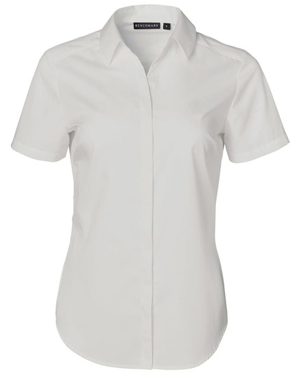 A white short-sleeved button-up shirt featuring a dobby striped pattern and a logo on the collar.