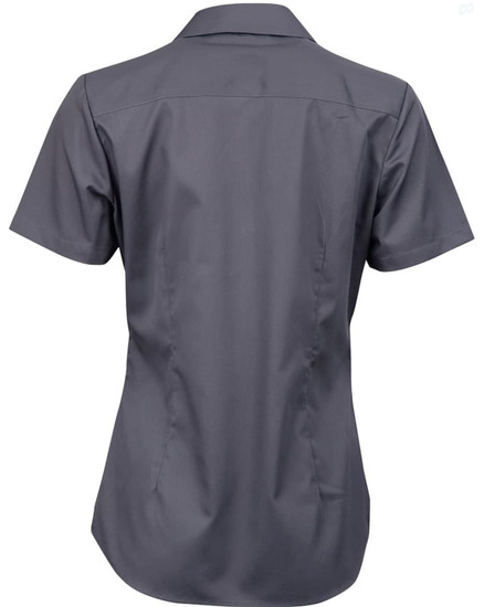 A short-sleeved button-up shirt in dark grey with a fitted silhouette and a subtle striped pattern.