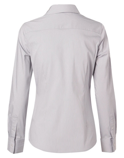 A women's long-sleeve button-up shirt in light blue and white ticking stripes, featuring a collar and back yoke.