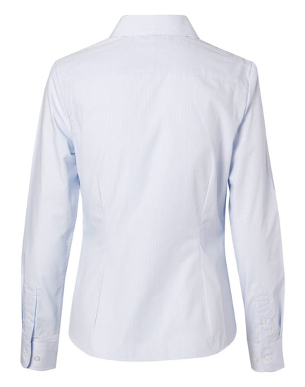 A light blue women's button-up shirt with fine stripes and long sleeves, featuring a branded logo.
