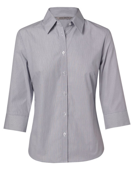 A women's button-up shirt in light grey with fine stripes and 3/4 sleeves. The shirt features a collar and buttons.