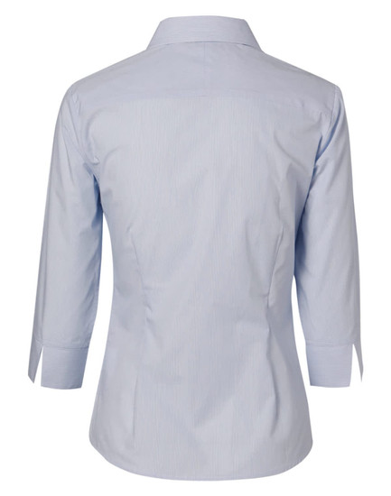 A light blue women's fine stripe button-up shirt with 3/4 sleeves, featuring a classic collar and a fitted silhouette.