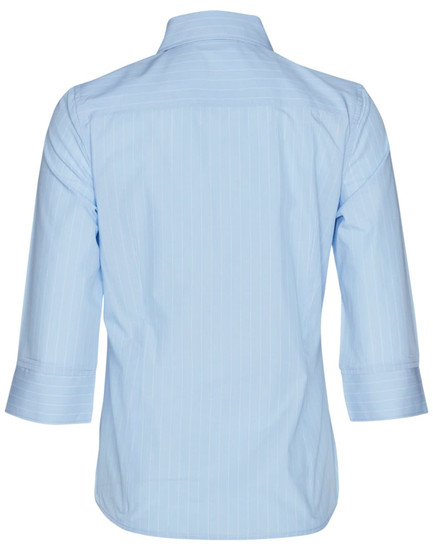 A light blue women's pin stripe button-up shirt with 3/4 sleeves and a back view. It has a collar and features a logo.