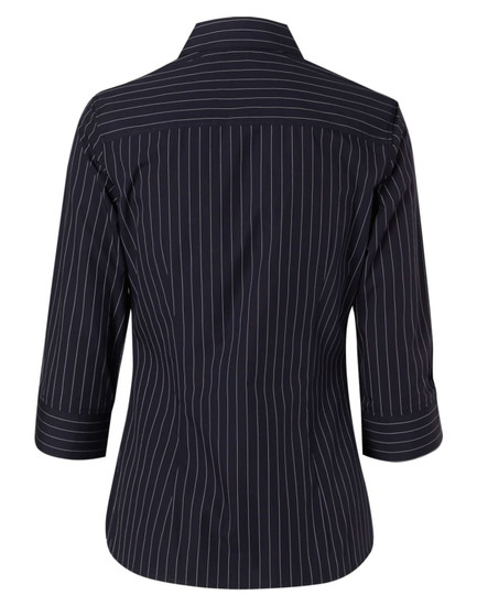 A women's navy pinstripe button-up shirt featuring 3/4 sleeves and a collar, with a logo present on the design.