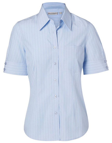A light blue women's pinstripe short sleeve shirt with a button-up front and a chest pocket.