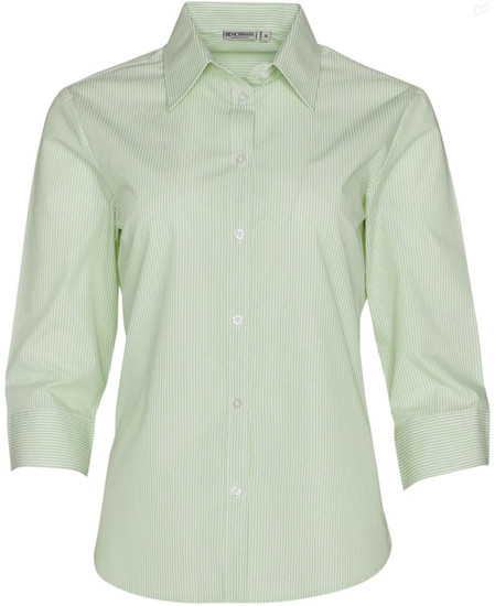 A green striped 3/4 sleeve button-up shirt featuring a collar and a logo on the label.