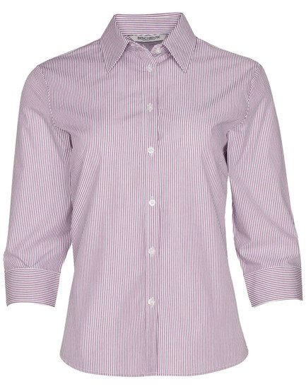 A striped women's button-up shirt with three-quarter sleeves in red and white. Features a collar and a logo.