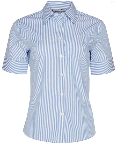 A blue and white striped women's short sleeve button-up shirt featuring a collar and a logo.
