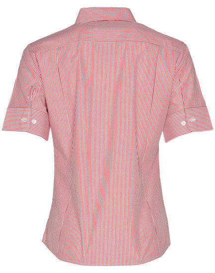 A short-sleeve women's button-up shirt featuring red and white stripes, with a back view showcasing the design.