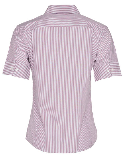 A short sleeve button-up shirt with red and white stripes, featuring a collar and a fitted design. It has a logo.