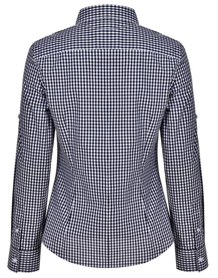 A women's long-sleeve button-up shirt in navy and white gingham check pattern, featuring a roll-up sleeve design and a logo.