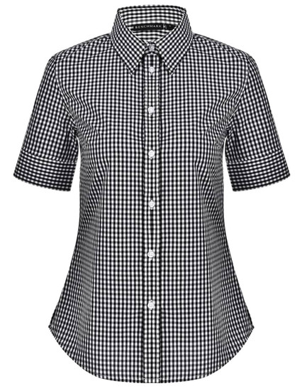 A black and white gingham check short-sleeve button-up shirt with a collar, featuring a logo on the label.