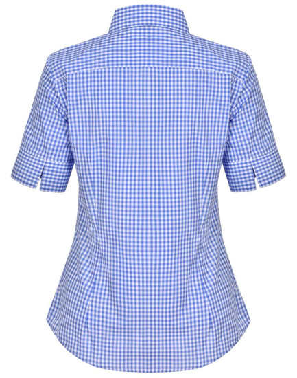 A blue and white gingham check short-sleeved button-up shirt with a fitted silhouette and collar.