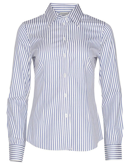 A button-up shirt featuring blue and white sateen stripes with a collared neckline and long sleeves. It has a logo on the label.