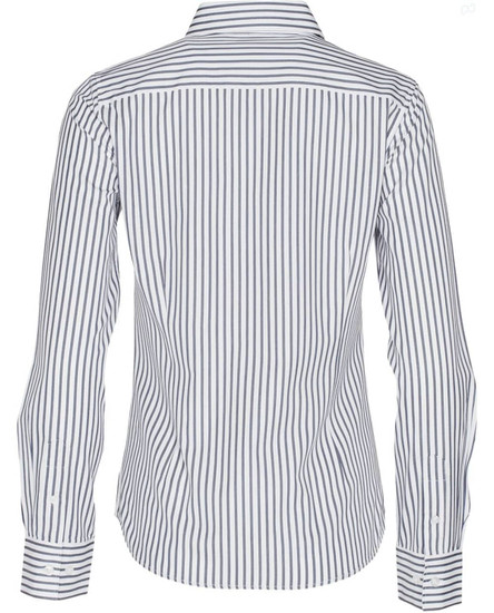 A back view of a women's long-sleeve button-up shirt featuring a blue and white sateen stripe pattern.