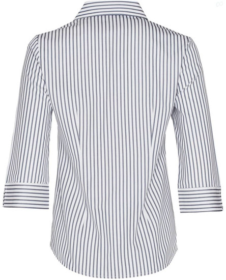 A white and navy striped women's 3/4 sleeve button-up shirt with a collar. Features a logo on the label.