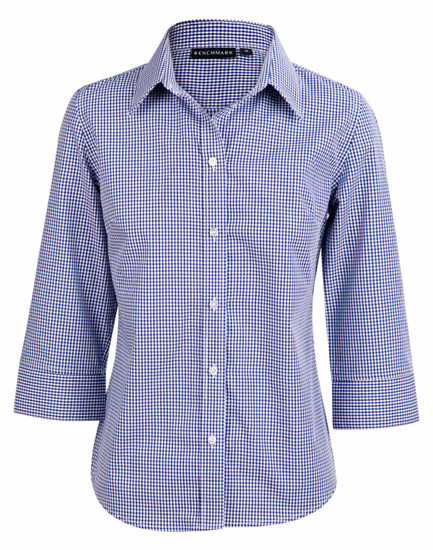 A blue and white check 3/4 sleeve button-up shirt featuring an embroidered logo on the collar.