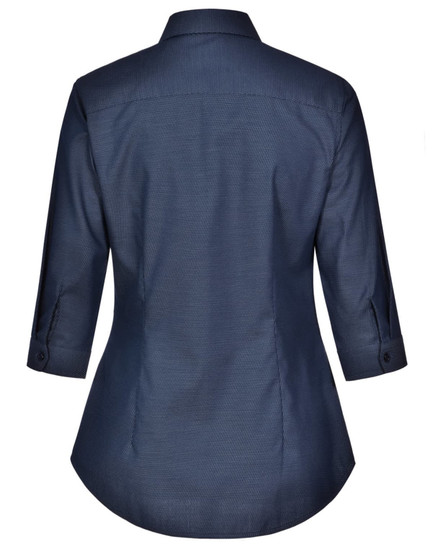 A navy blue ladies' button-up shirt with a pin dot pattern and 3/4 sleeves, featuring a collar and back yoke.