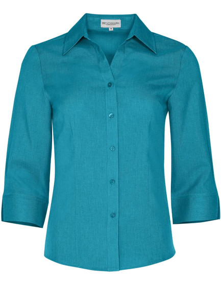 A turquoise women's 3/4 sleeve shirt with a button-up front and a collared neckline, featuring a logo.