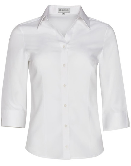 A white women's Cooldry 3/4 sleeve shirt with a collar and buttons, featuring a logo.