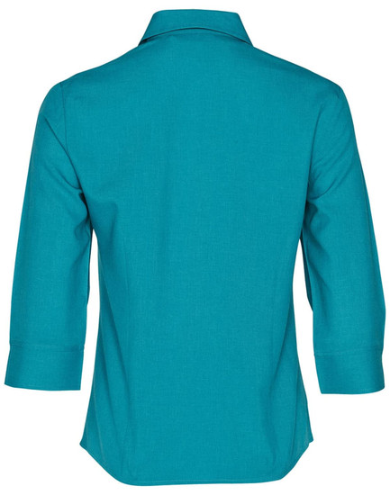 A turquoise women's 3/4 sleeve shirt with a collar, featuring a back view and a logo.