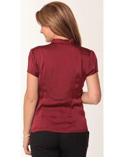A women's tie neck blouse in burgundy with short sleeves, featuring a smooth, shiny fabric and a back view.