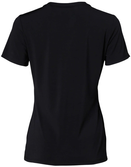 A black ladies’ V-neck short sleeve knit top, featuring a simple design and a logo on the back.