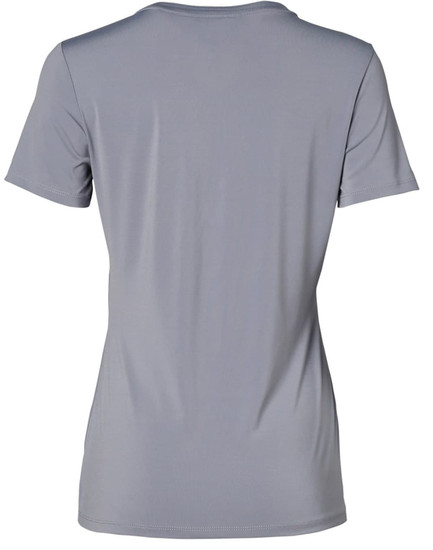 A light grey ladies' V-neck short sleeve knit shirt featuring a simple, sleek design and a logo.