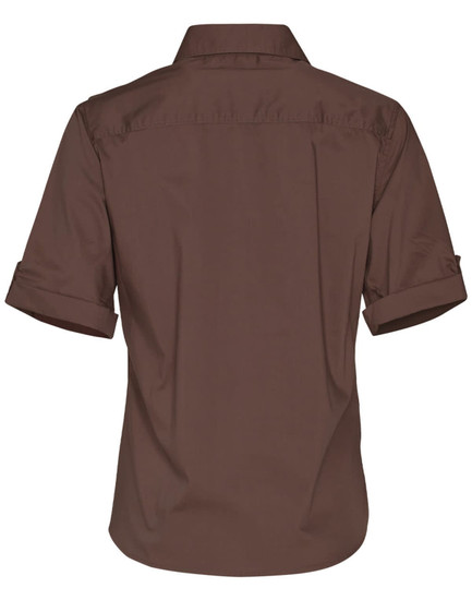 A short sleeve military shirt in dark brown, featuring a standard collar and rolled cuffs, with a logo on the back.