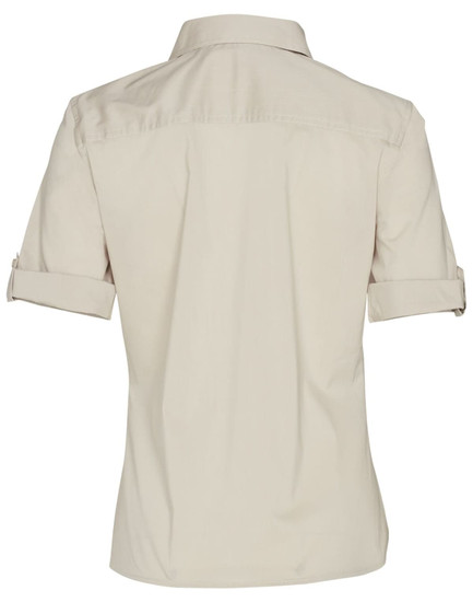 A beige women's short sleeve military shirt with a button-up design and rolled sleeves, featuring a logo.