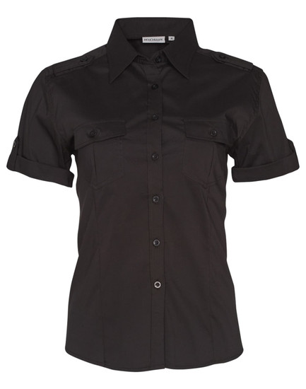 A women's short sleeve military shirt in black, featuring button-up front and two chest pockets. It has a logo.