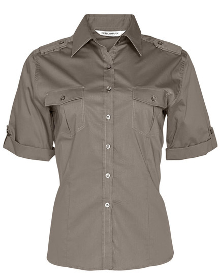 A women's short sleeve military shirt in a muted green colour, featuring button-up front and pockets, with a logo.