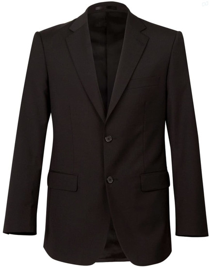 A black wool stretch blazer featuring two buttons and side pockets, with a sleek and tailored design.