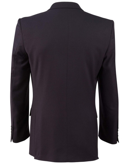 A black men's poly/viscose stretch jacket, featuring a classic design and structured fit, viewed from the back.