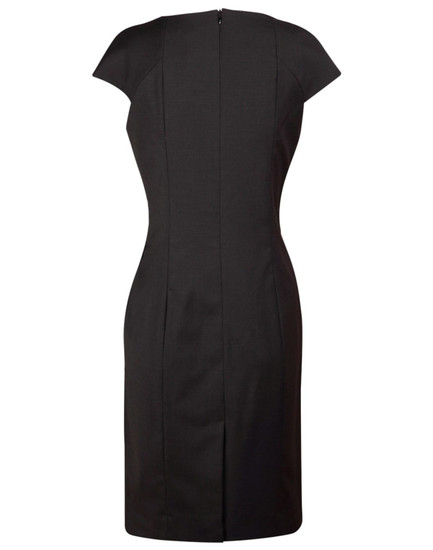 A fitted black wool blend dress with cap sleeves and a back zipper. The dress features tailored seams and a sleek silhouette.