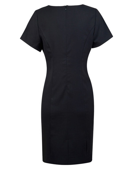 A short-sleeve, black dress with a fitted silhouette and a back zipper, featuring a sleek design.